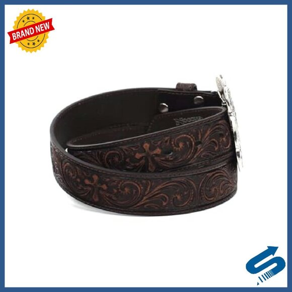 Western Leather Belt with Silver Buckle, Floral Cross Design, Size M/L/XL main image 5